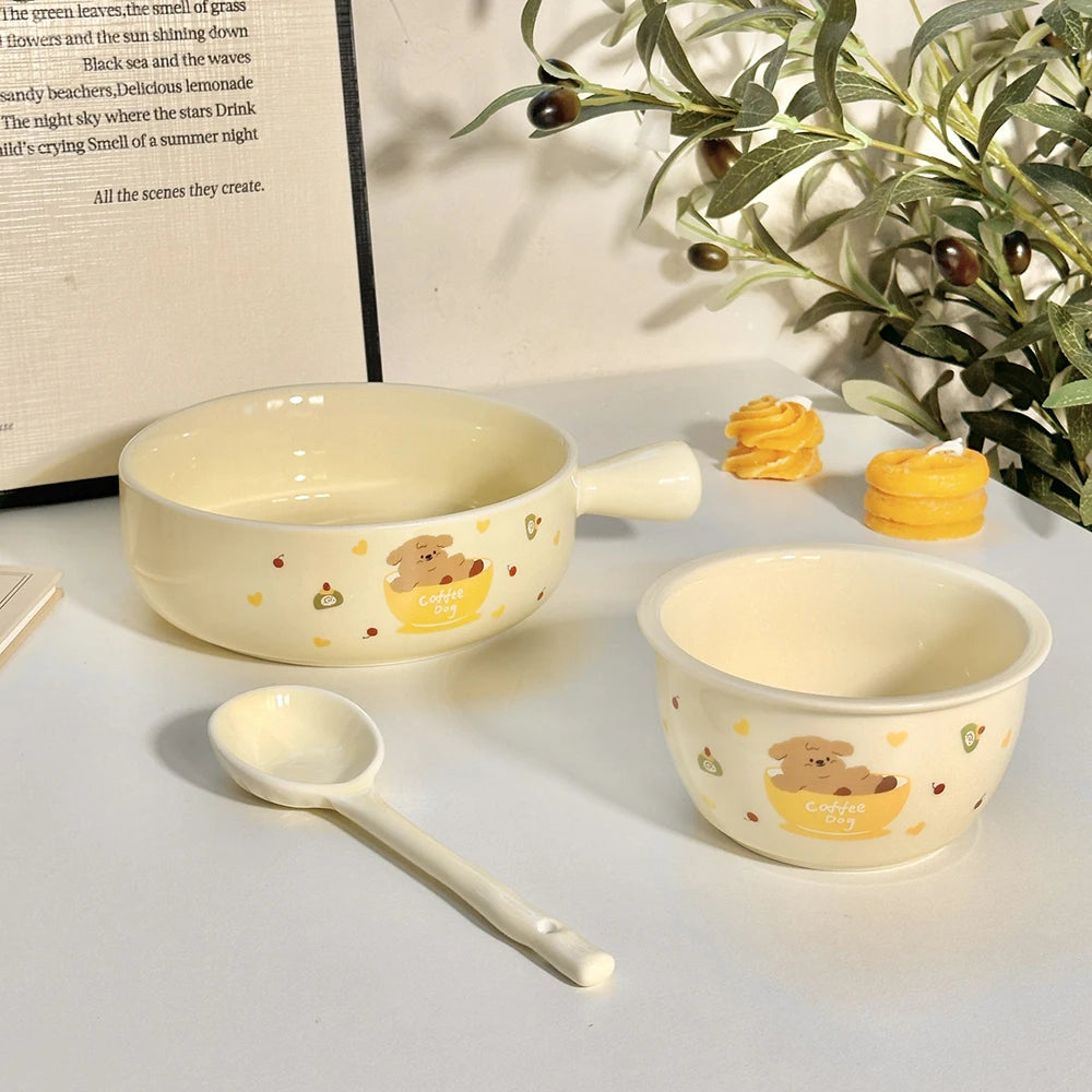 Printed Puppy Dog Pattern Ceramic Bowl Set Underglaze Color Tableware Sweet Style 3 Piece With Spoon For Daily Home Use Dining