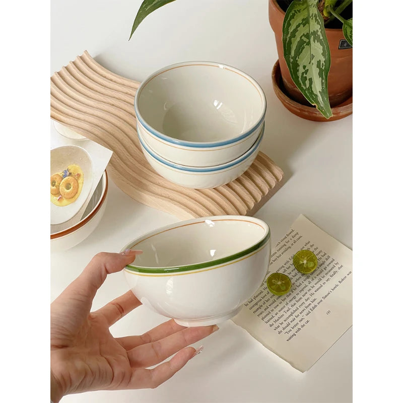 Korean Style Ins Ceramic Bowl Vintage Line Round Porcelain Tableware Breakfast Yogurt Milk Oats Lunch Rice Bowls Personal Items