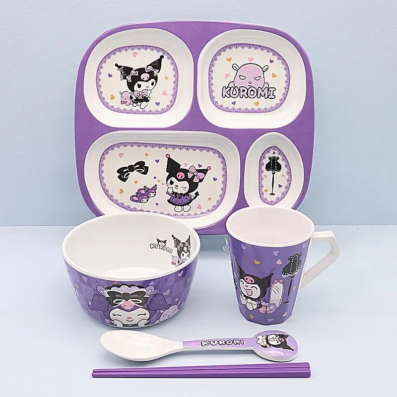 Cute Cartoon Sanrios Kuromi Tableware Bowl Plate Cup Chopsticks Spoon A Set Fashion Imitation Porcelain Tableware Good-Looking