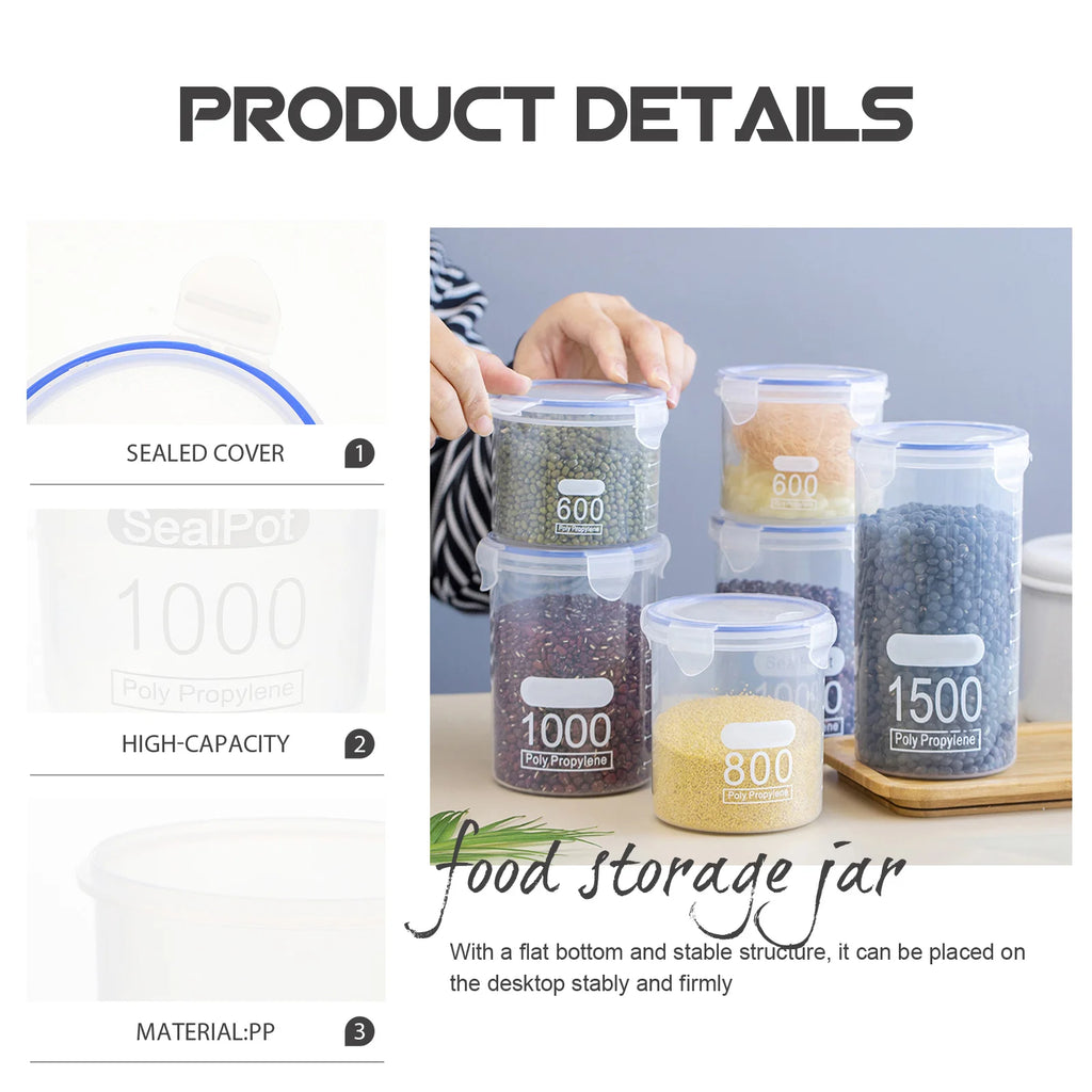 6Pcs Sealed Storage Jars Plastic Airtight Food Containers Grain Storage Canisters Kitchen Food Preservation Plastic Sealed Jar
