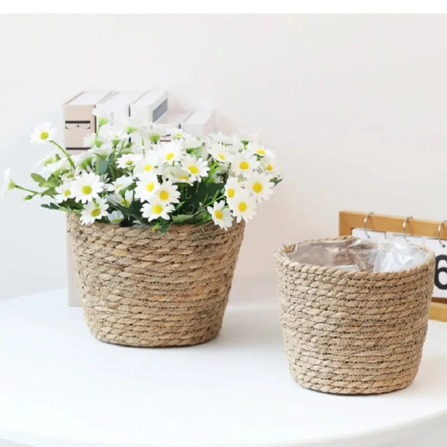 Woven Grass Flower Plant Pot Basket Planter Basket Indoor Outdoor Flower Pot Garden Decorative Flower Plants Basket Storage Use