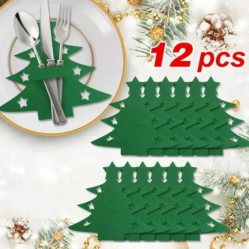 12pcs Christmas Tree Placemats Felt Fork and Spoon Bag Set Suitable for Christmas and Other Holiday Party Table Decoration
