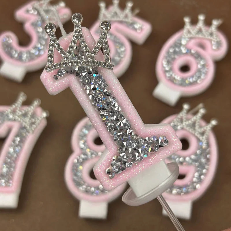 Digital Candles 0-9 Pink Silver Rhinestone Crown Creative Cake Decorative Birthday Candles