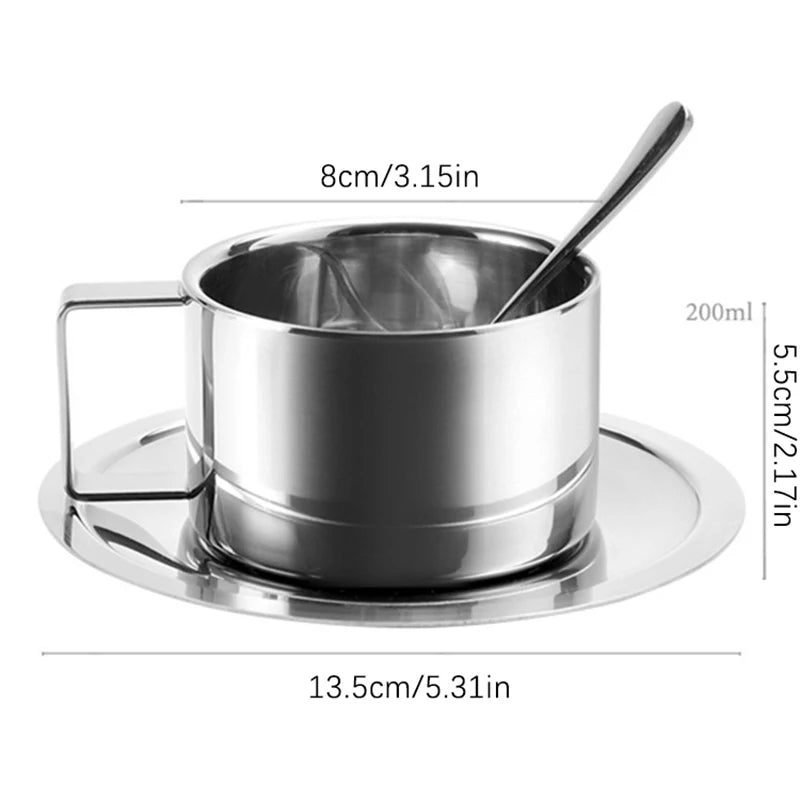 3pcs Stainless Steel Coffee Cup Set Double Walled Heat Resistant Mug With Saucer Spoon Drink Tableware Kitchen Cafe Accessories