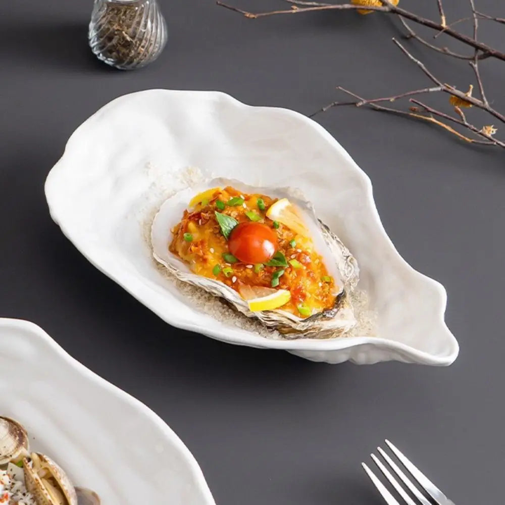 Kitchen Organizer Ceramic Sashimi Plate Creative Oyster Shell Shape Salad Plate Multi-Function Reusable Storage Dish Dinner