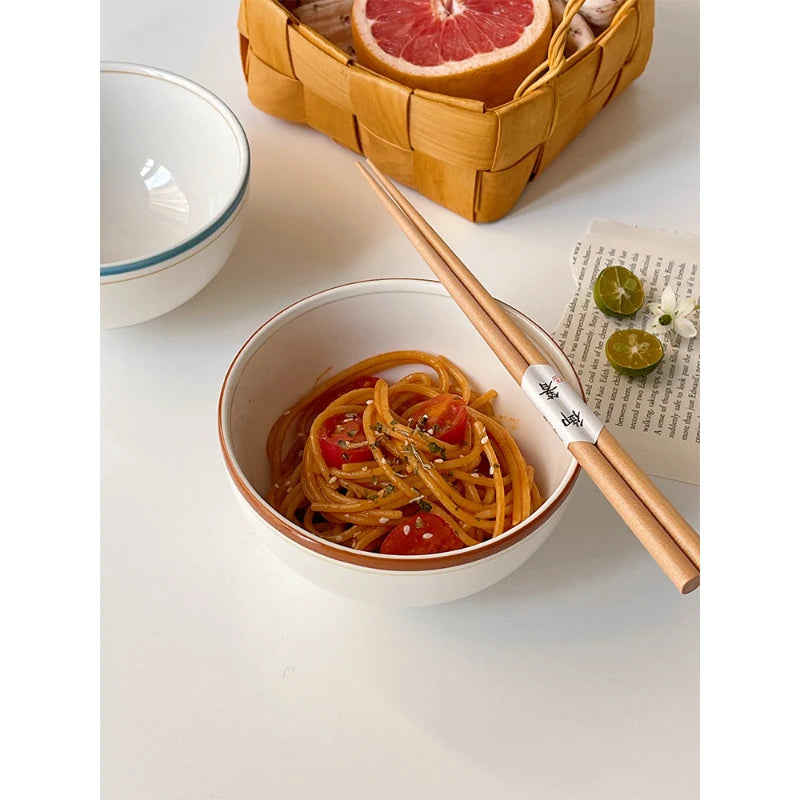 Korean Style Ins Ceramic Bowl Vintage Line Round Porcelain Tableware Breakfast Yogurt Milk Oats Lunch Rice Bowls Personal Items