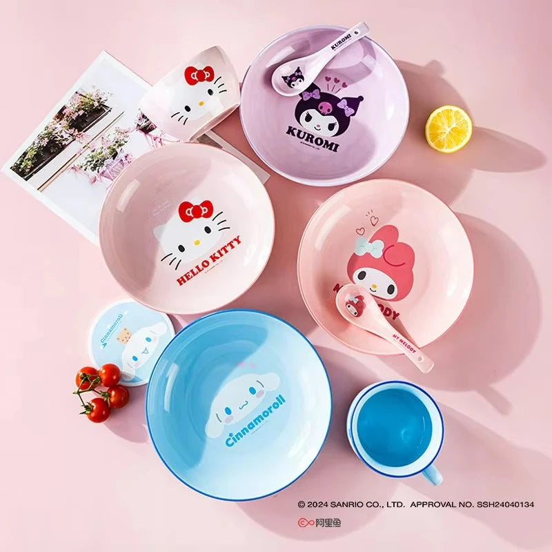 New Ceramic Tableware Bowl  Hello Kitty Y2K Plate Cute Girl Heart Eating Bowl Household Cool Lomi Bowl Chopstick Set Gifts Girls