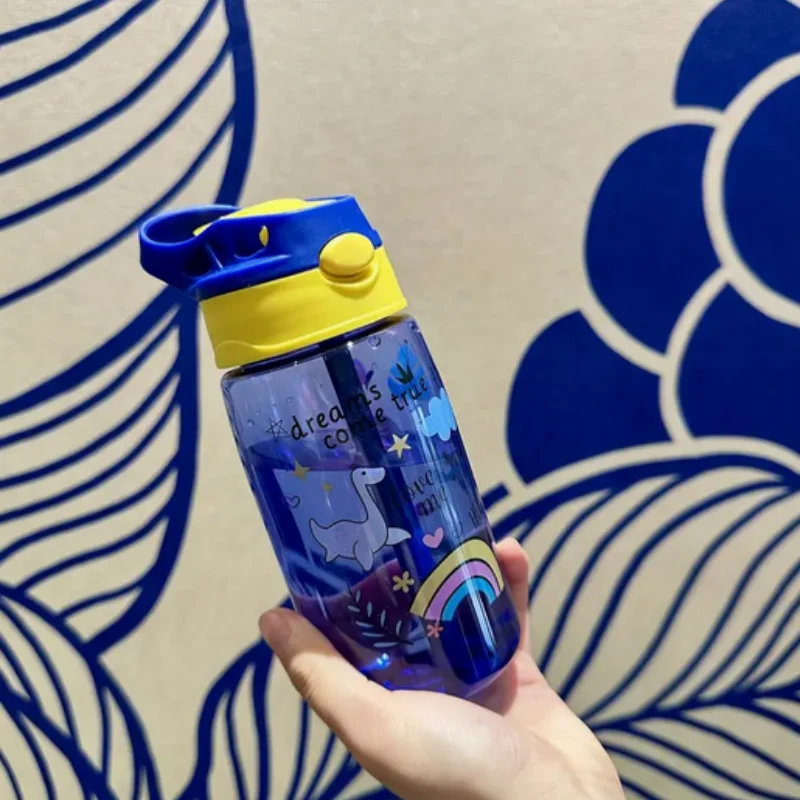 480ML Cute Water Bottle Durable 500ml Portable Water Bottle with Straw and Handle BPA-Free PC Material, Leak-Proof Sealable Lid
