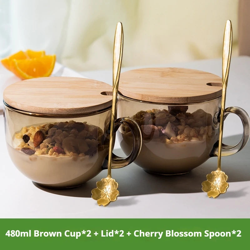 480ml Transparent Creative Glass Coffee Tea Mug Drinks Dessert Breakfast Milk Cup Glass Mugs Handle Drinkware With Cup Lid Spoon