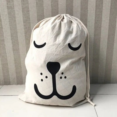 Linen Cotton Laundry Bag Animal Stripe Drawstring Backpack Cartoon Toy Storage Bag Drawstring Dirty Clothes Bag Organizer Pouch
