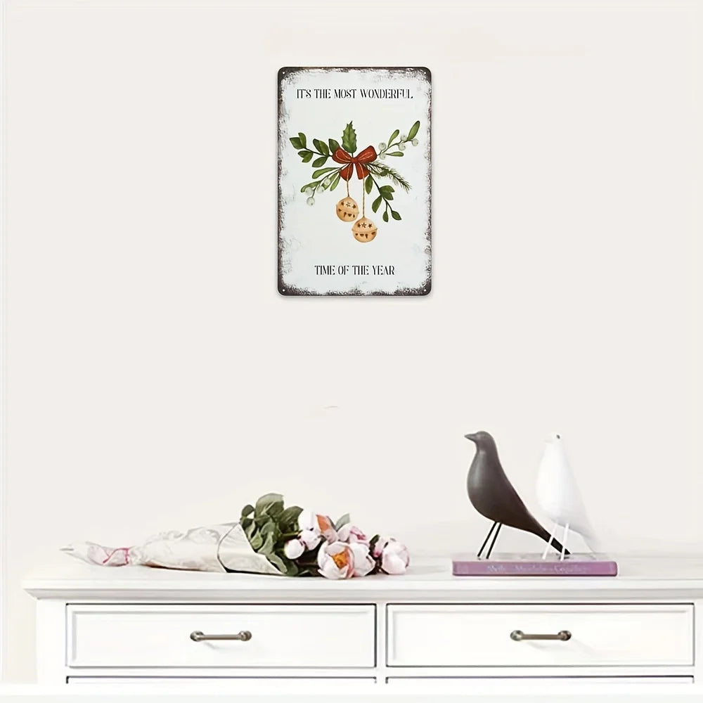 Vintage Christmas Tin Sign - 20.32x30.48 cm Iron Wall Art with Jingle Bells and Holly, Rustic Home Decor for Indoor or Outdoor U