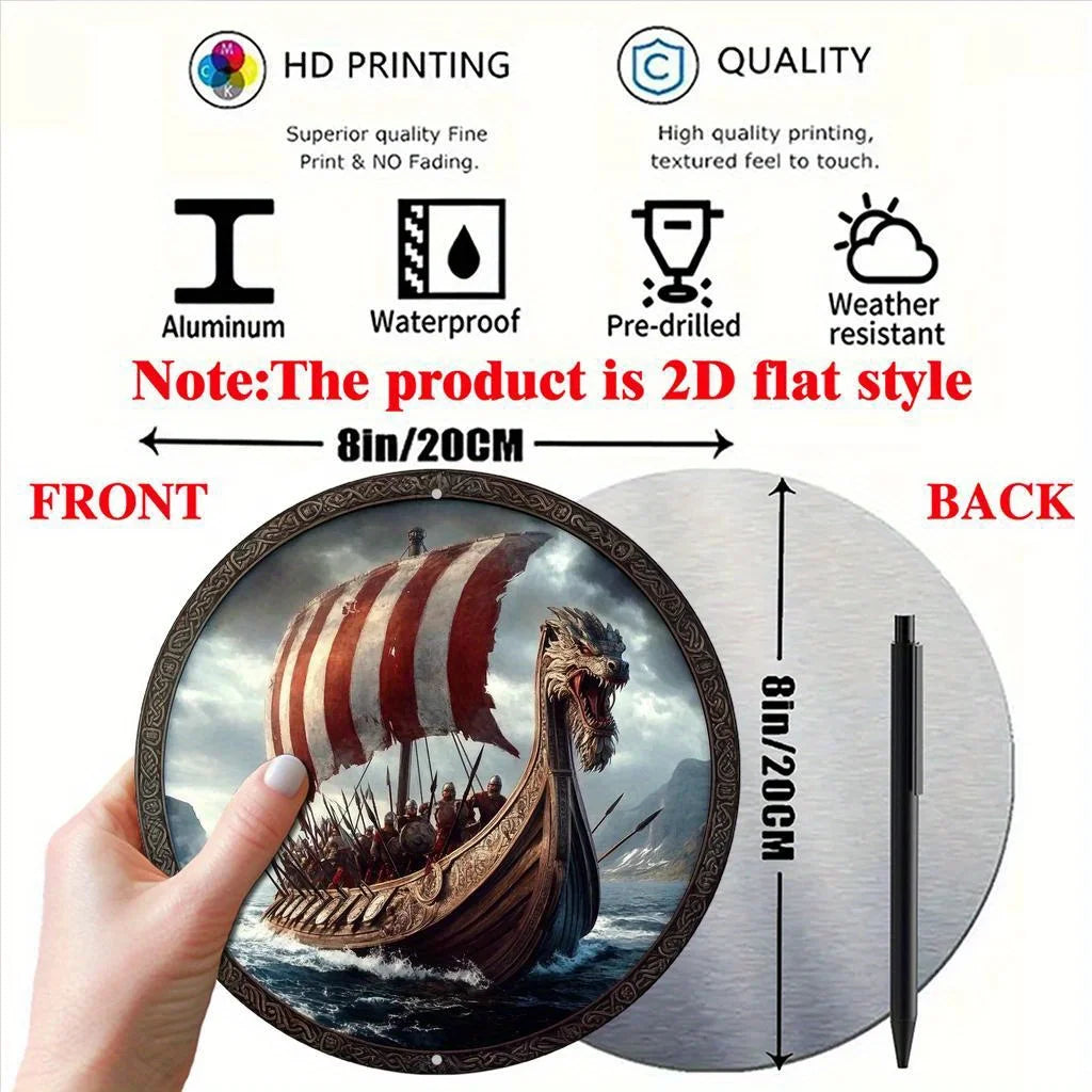 2D Flat - Viking Ship with Dragon Head 2D Aluminum Wall Art - 20.32x20.32 cm Round Decorative Sign, High-Definition Vintage Them