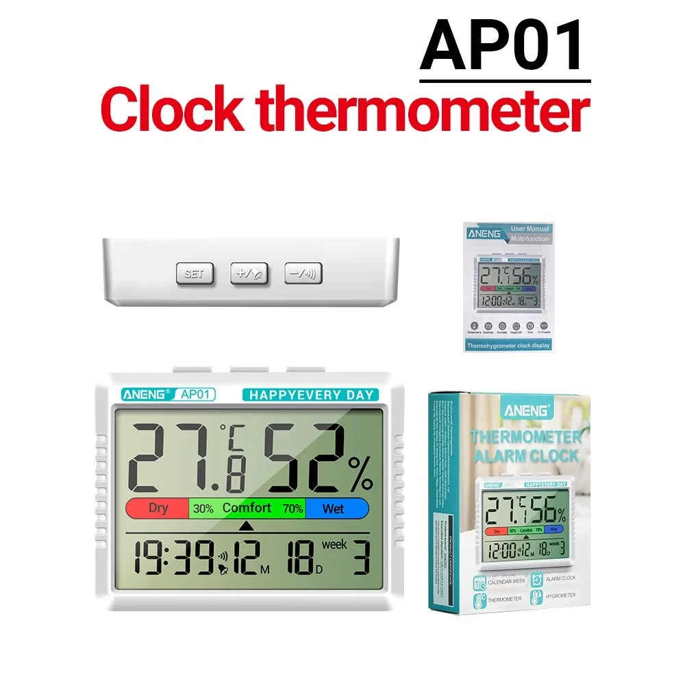 ANENG AP01 Digital Air Thermometer Hygrometer Desktop Alarm Clock Mini Table Thermohygrometer With High Definition Screen
