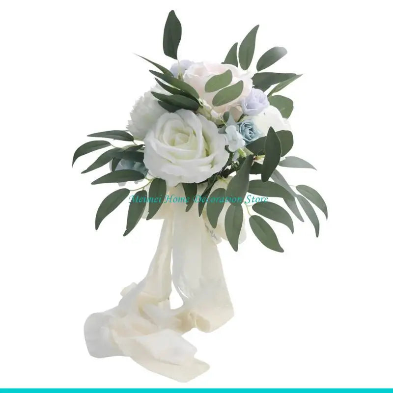H7BF Artificial Flower Bouquet White Blue Simulation Silk Floral Fake Flowers for Wedding Party Bride Handheld Photography Props