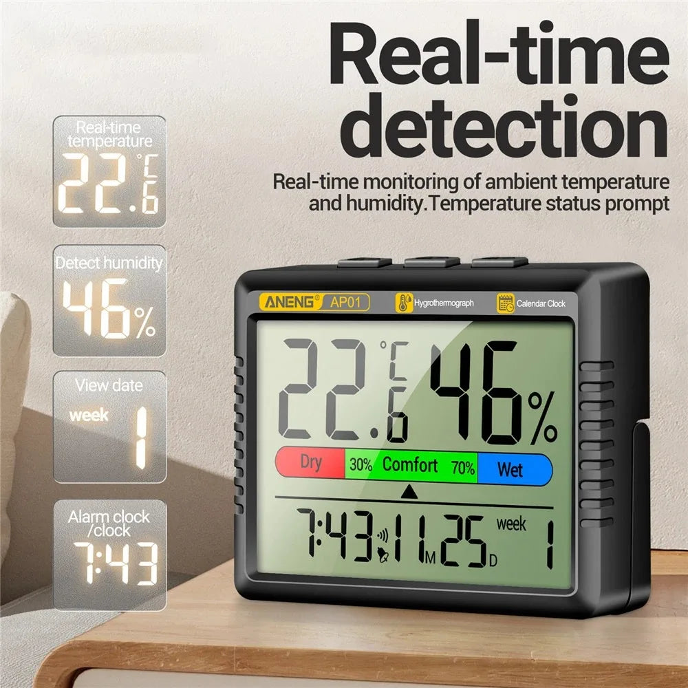 ANENG AP01 Digital Air Thermometer Hygrometer Desktop Alarm Clock Mini Table Thermohygrometer With High Definition Screen