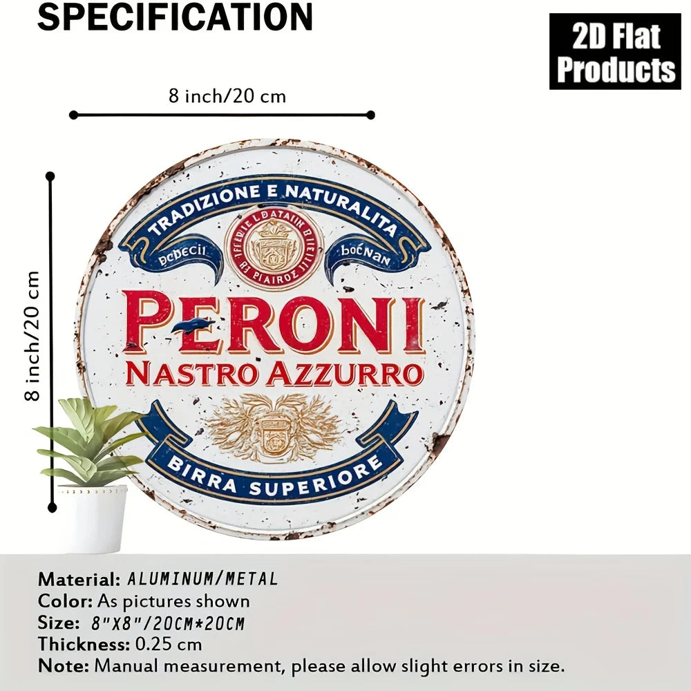 2D Flat, 8x8-Inch Round Aluminum Metal Wall Plaque, Framed - Modern Rustic Style "From Italy to the World" Beer Legend Retro Des