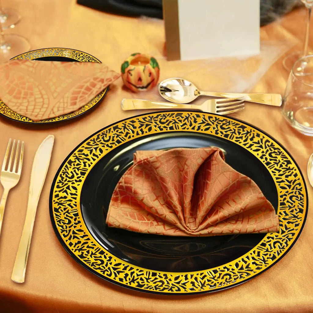 Black Plastic Plates with Gold Rim-Lace Design Party Plates Disposable Dinner Plates,Salad/Dessert Plates for Weddings &Parties