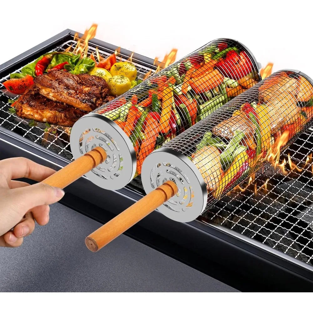 Nesting Grill Baskets 304 Stainless Steel Rolling Grilling Net Removable Wooden Handle BBQ Accessories Tools