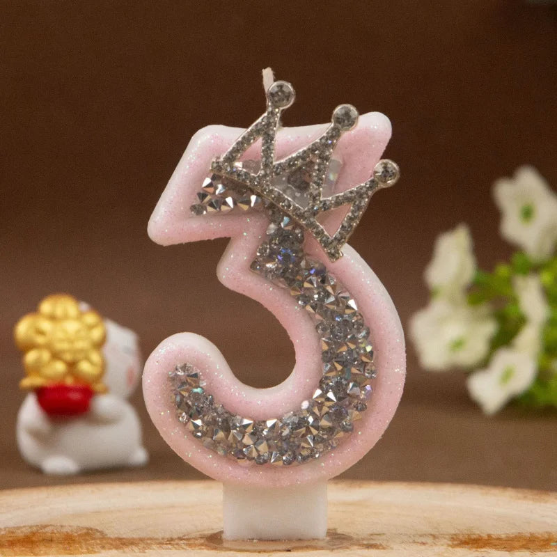 Digital Candles 0-9 Pink Silver Rhinestone Crown Creative Cake Decorative Birthday Candles
