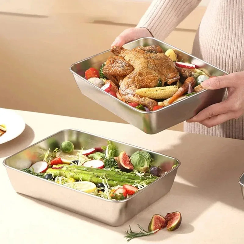Thickened Square Plate Stainless Steel Rectangular Food Storage Pan With Lid Commercial Dish Tray Freshing Lunch Box Container