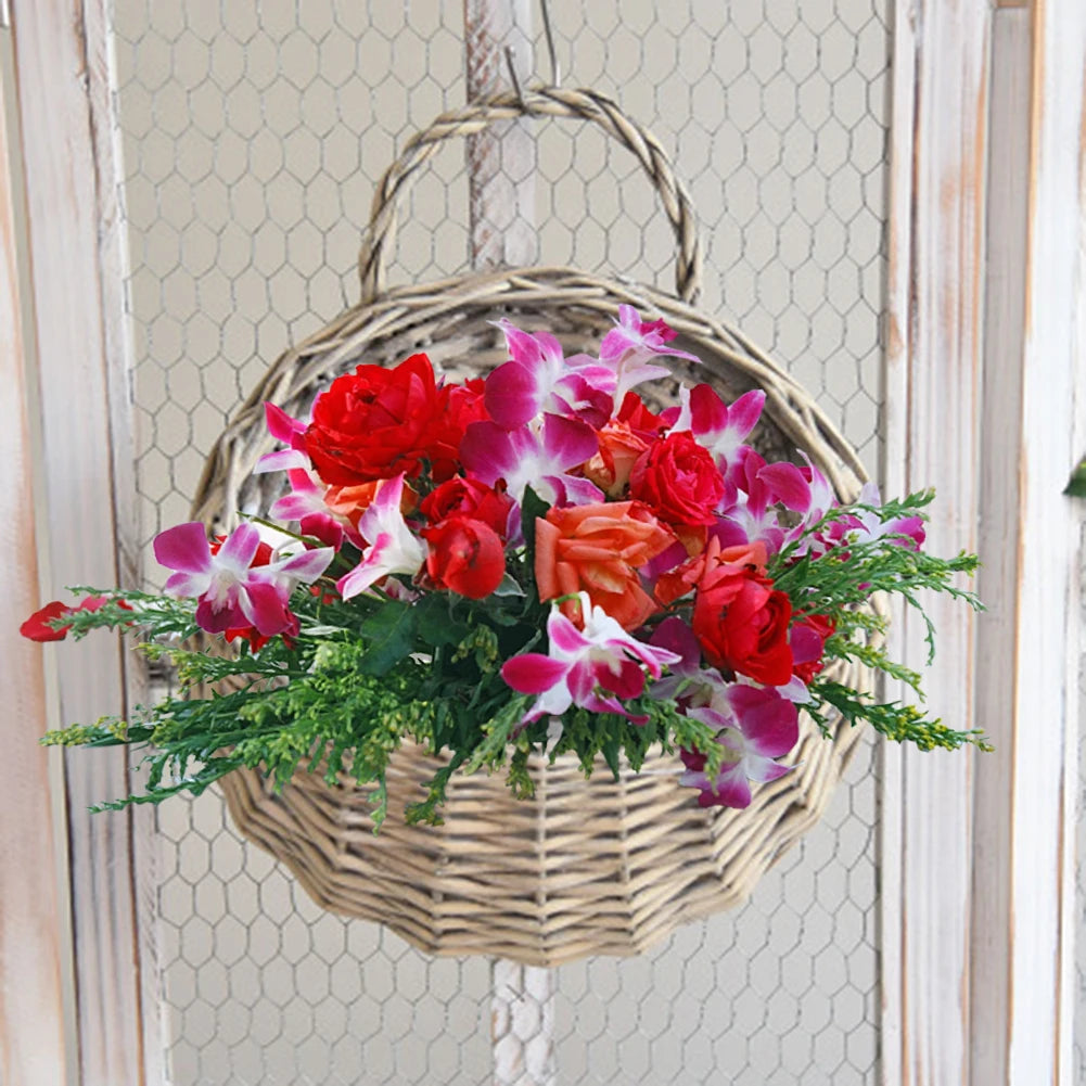Hand Made Wicker Rattan Flower Planter Wall Hanging Wicker Rattam Basket Garden Vine Pot Plants Holder Garden Pots Wall Planter