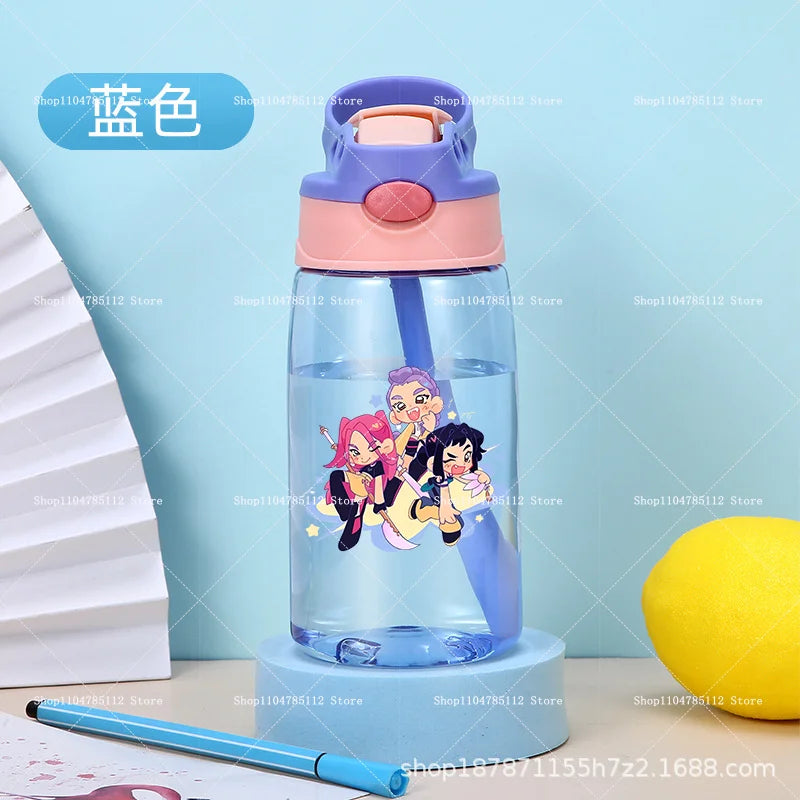 KPop Demon Hunters Drinking Glass Large Capacity Portable Plastic Mug Kids Cartoon Cute Sports Straw Drinking Cup Water Bottle