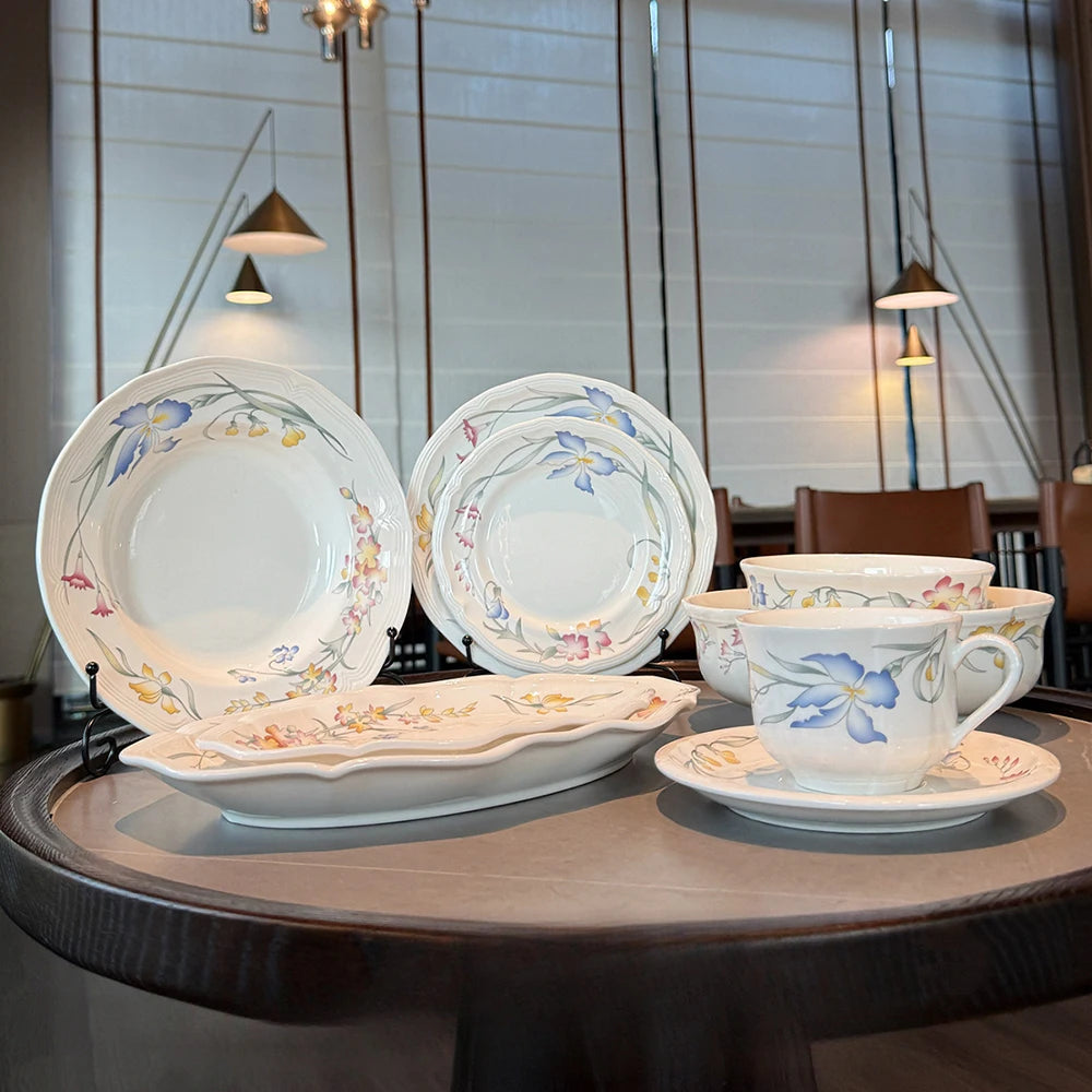 Floral Ceramic Dinner Set French Style Plates Oval Serving Bowls Unique Artistic Tableware For Daily Home Use Dining