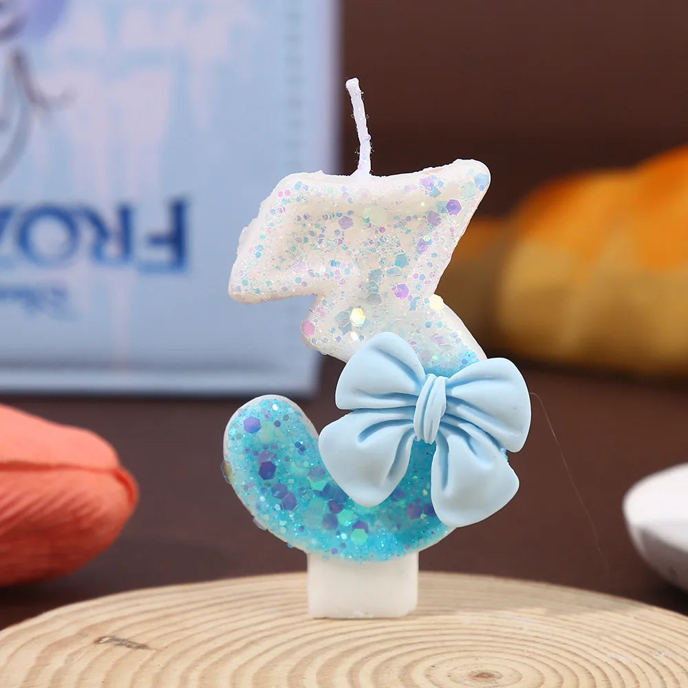 Blue and White Color Block Sequin Bow Digital Candle Birthday Party Cake Candle Creative Super Shiny Candle