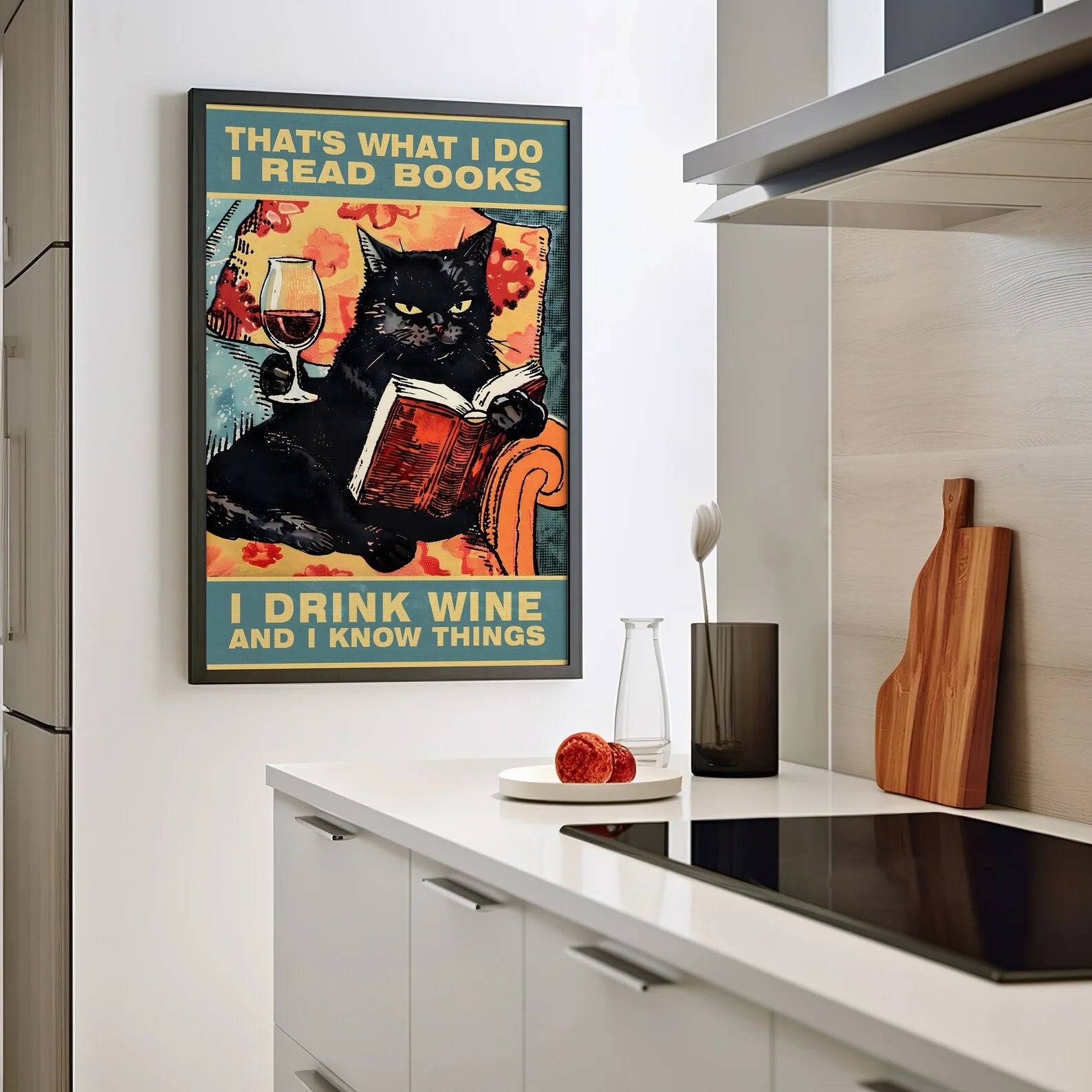 Black Cat Reading Book Drinking Wine Typography Poster or Canvas Print, Cat Wall Art, Quirky Black Cat Book Wine Lover Vintage A