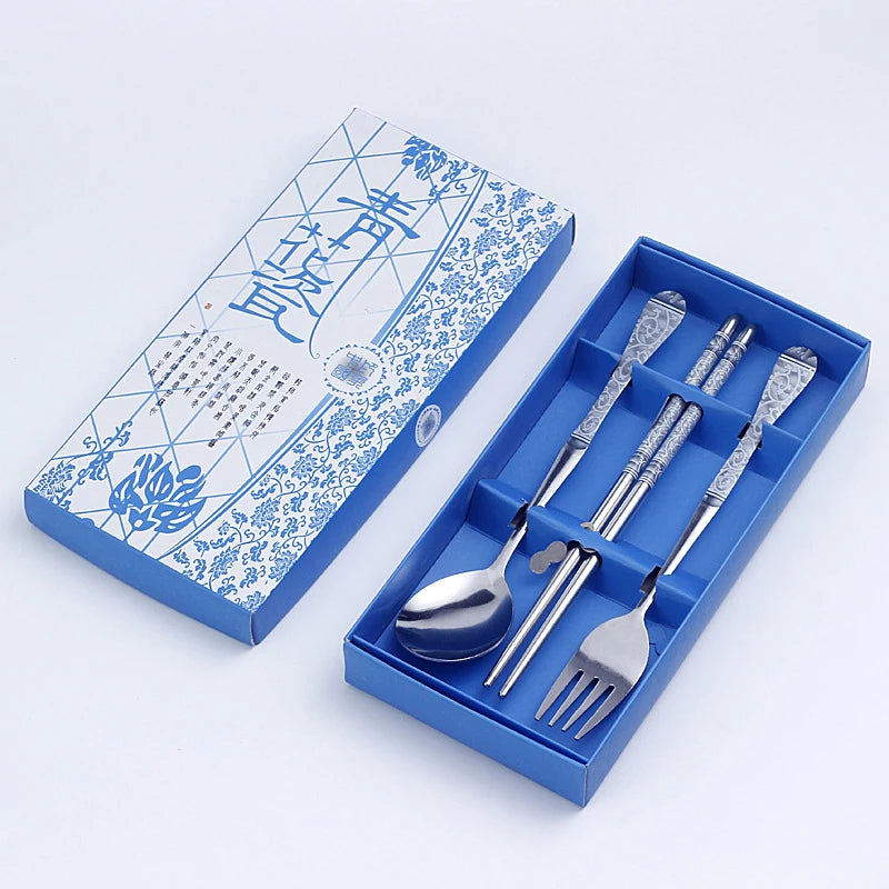 3PC Set of Blue and White Porcelain Tableware Stainless Steel Chopsticks Spoon Fork Gift Box Portable Travel Tableware Set
