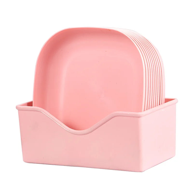 10 Square Dinner Plates with 1 Holder Food Plate Set Snacks Dessert Plastic Candy Cookie Storage Tray Straw Bone Spitting Plate