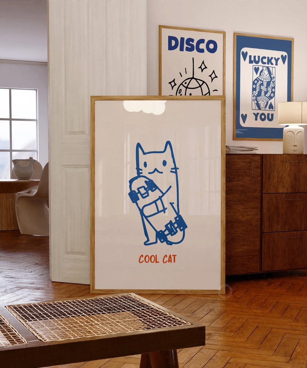 Cat Wall Art, Funny Skateboard Cat Poster, Digital Wall Art, Cat Lover Gifts, Funky Wall Art, Cute Kitten Illustration, Cool Dig