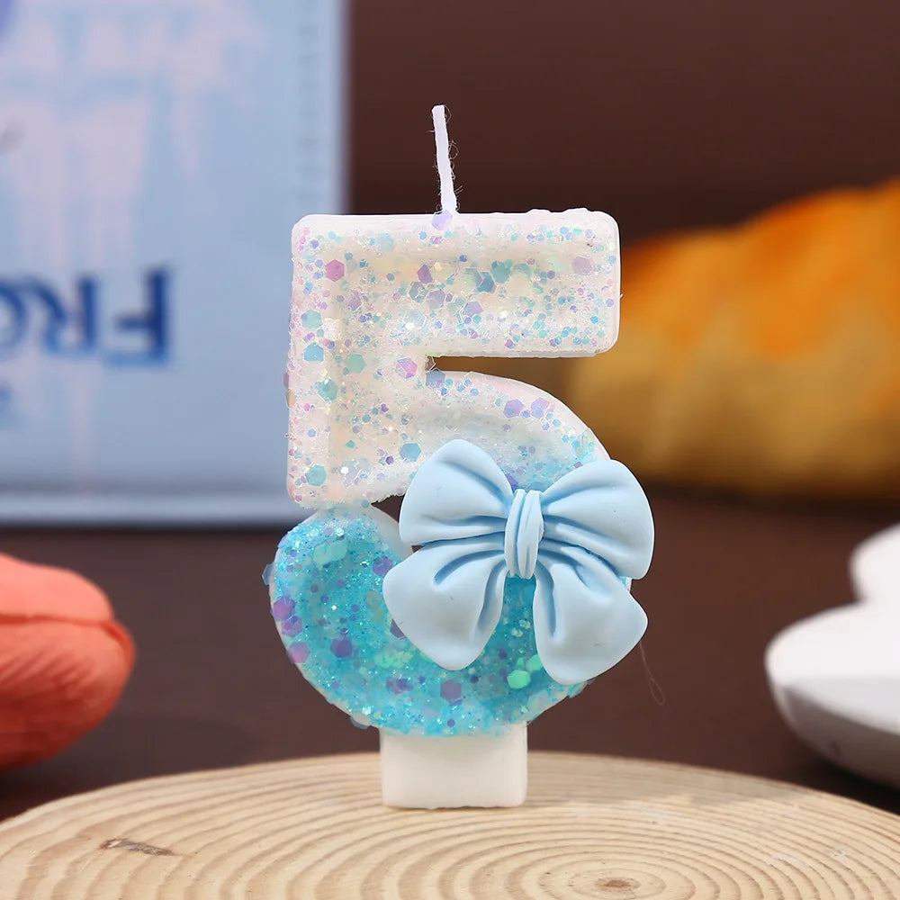 Blue and White Color Block Sequin Bow Digital Candle Birthday Party Cake Candle Creative Super Shiny Candle