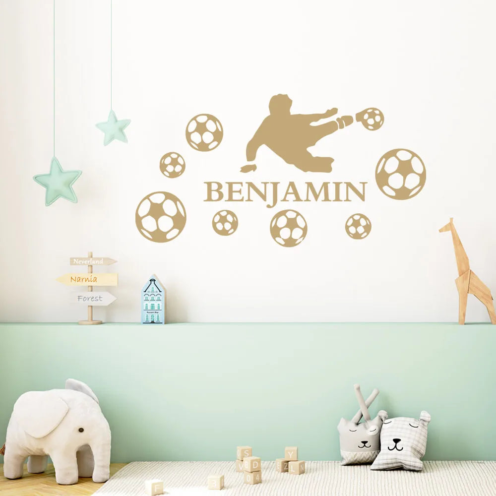1pc Fashion Custom Name Boy Playing Football Wall Stickers Waterproof Wall Art Decal Bedroom Decor Wall Decoration Murals