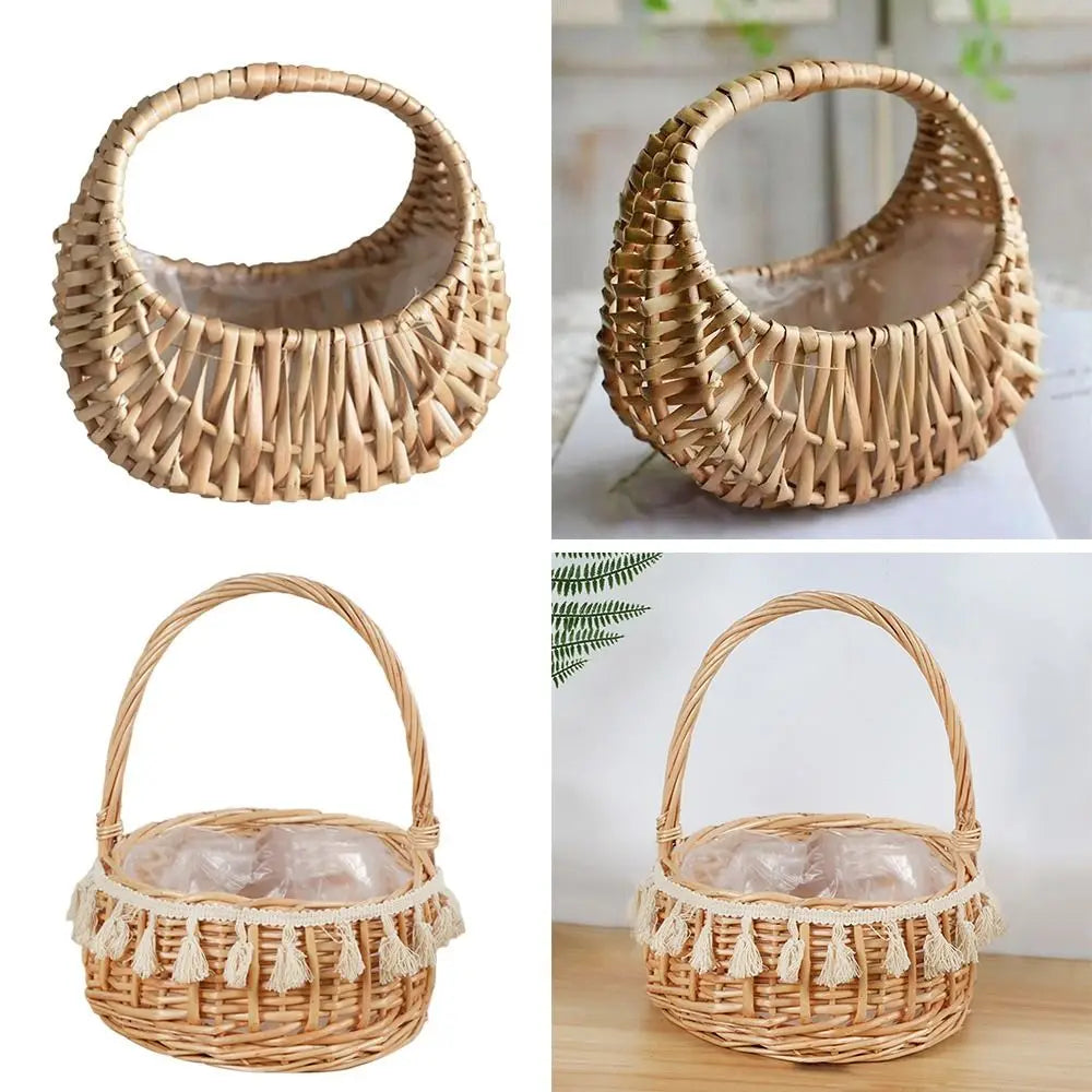Willow Rattan Flower Girl Baskets Sturdy Yellow Flower Arrangement Basket Woven Basket Handmade Wicker Half Moon Baskets Wedding