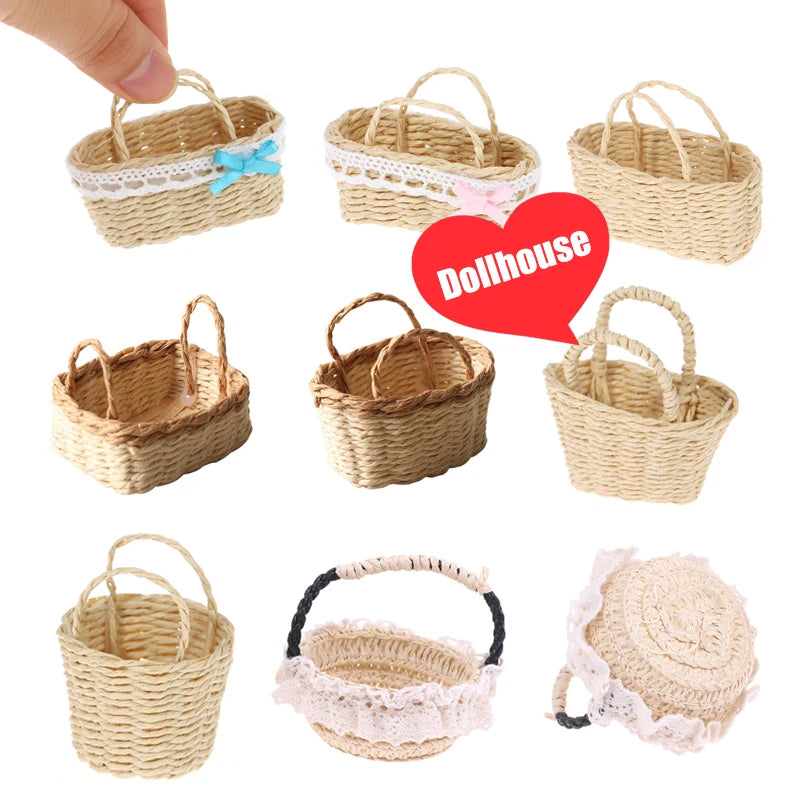1Pcs Mini 1/12 Cute Dollhouse Rattan Frame Hand-woven Vegetable Food Storage Basket Dolls Miniature Decoration