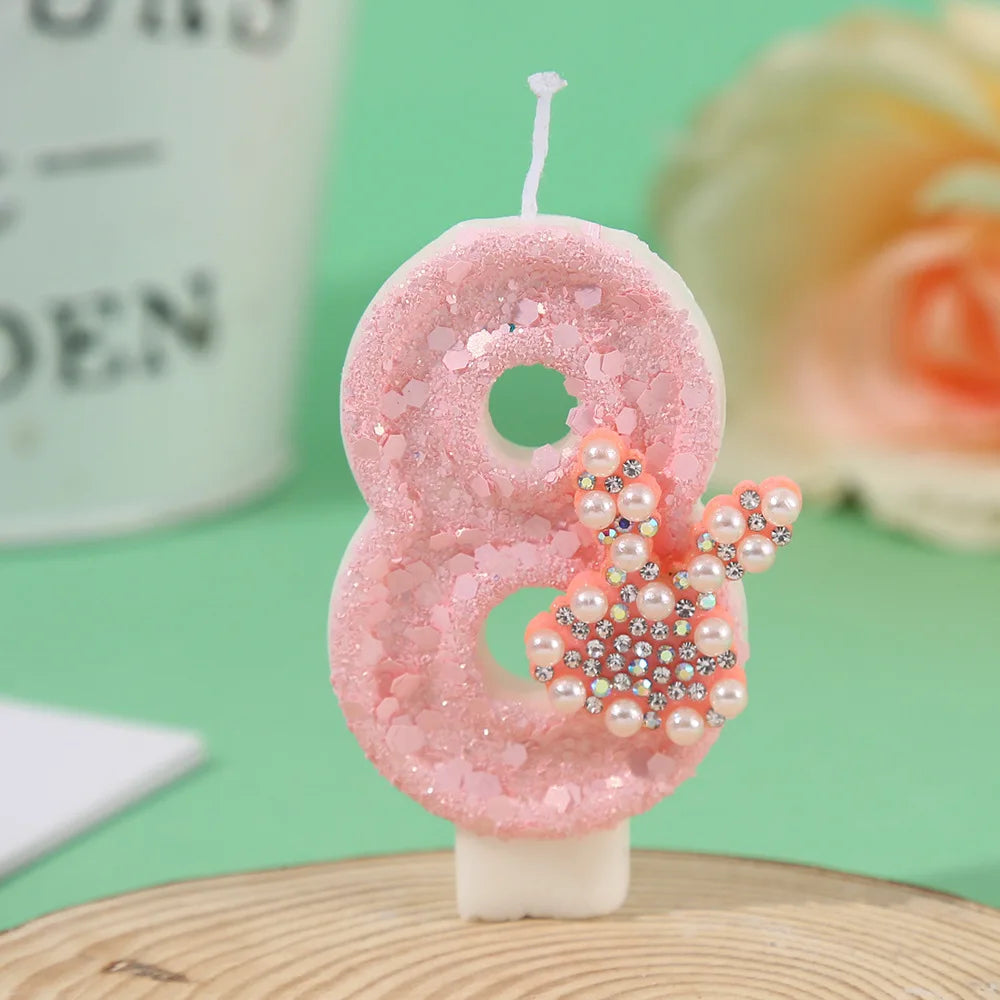 Pearl Hot Diamond Rabbit Ear Cake Candle Creative Handmade DIY Pink Girl Heart Digital Candle Party Wedding Atmosphere Decor
