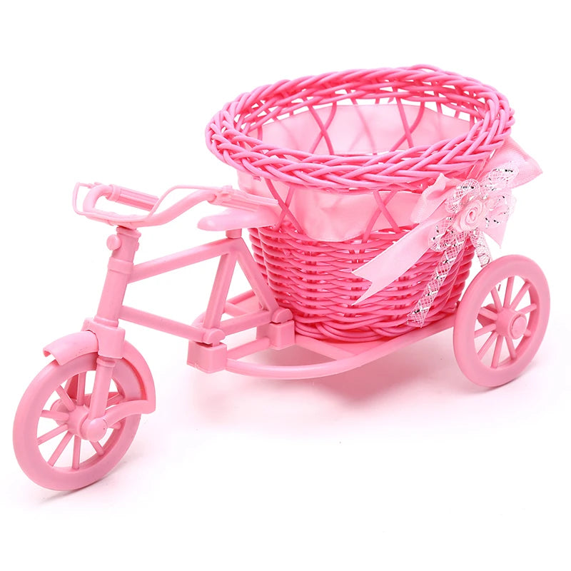 1Pc Rattan Bicycle Flower Basket Vase Storage Three-wheel Cute Flower Pot Ornament