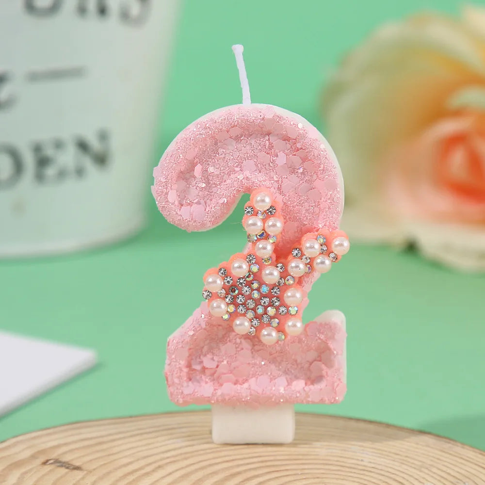 Pearl Hot Diamond Rabbit Ear Cake Candle Creative Handmade DIY Pink Girl Heart Digital Candle Party Wedding Atmosphere Decor