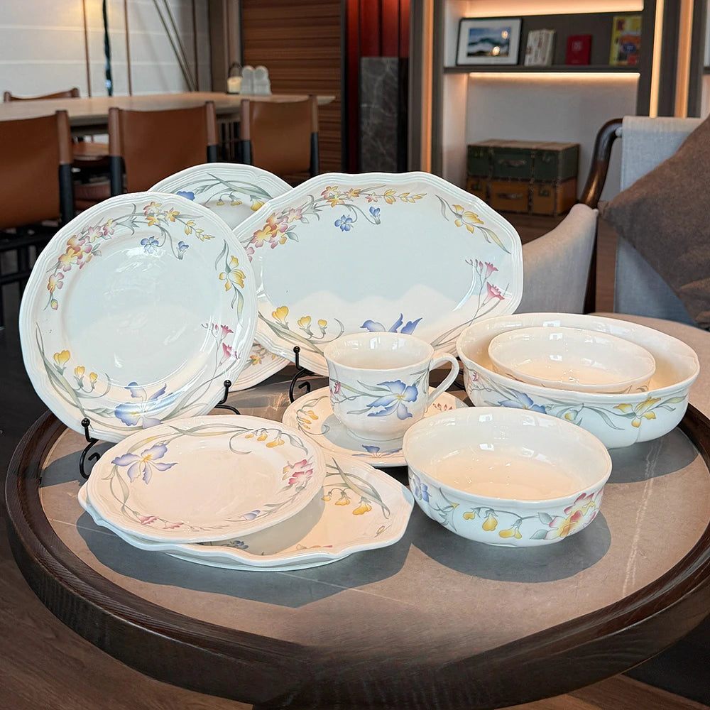 Floral Ceramic Dinner Set French Style Plates Oval Serving Bowls Unique Artistic Tableware For Daily Home Use Dining