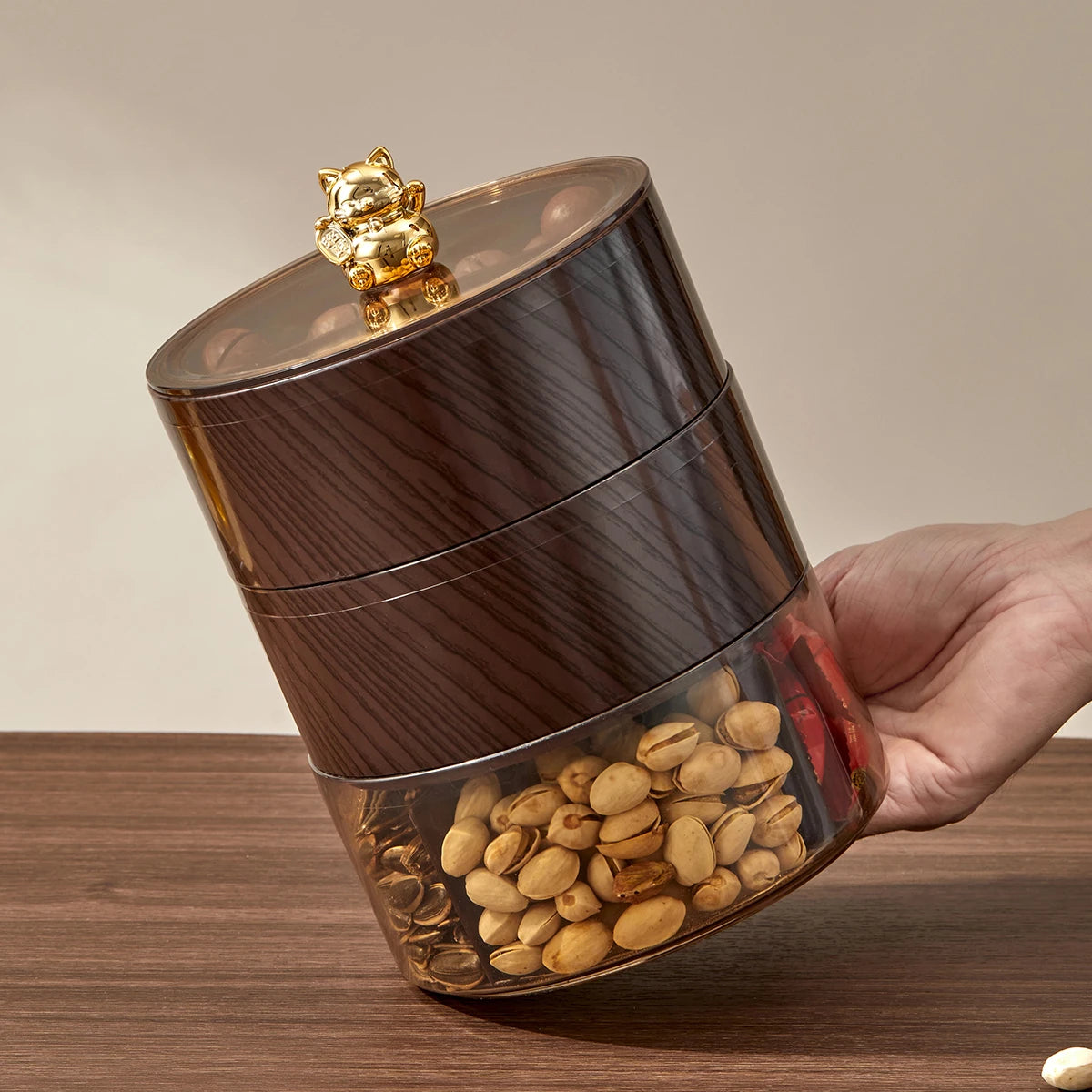 WORTHBUY Round Plastic Food Serving Tray With Lid 1/2/3 Layer Snack Fruit Tray Divided Dried Fruit Candy Storage Box For Kitchen