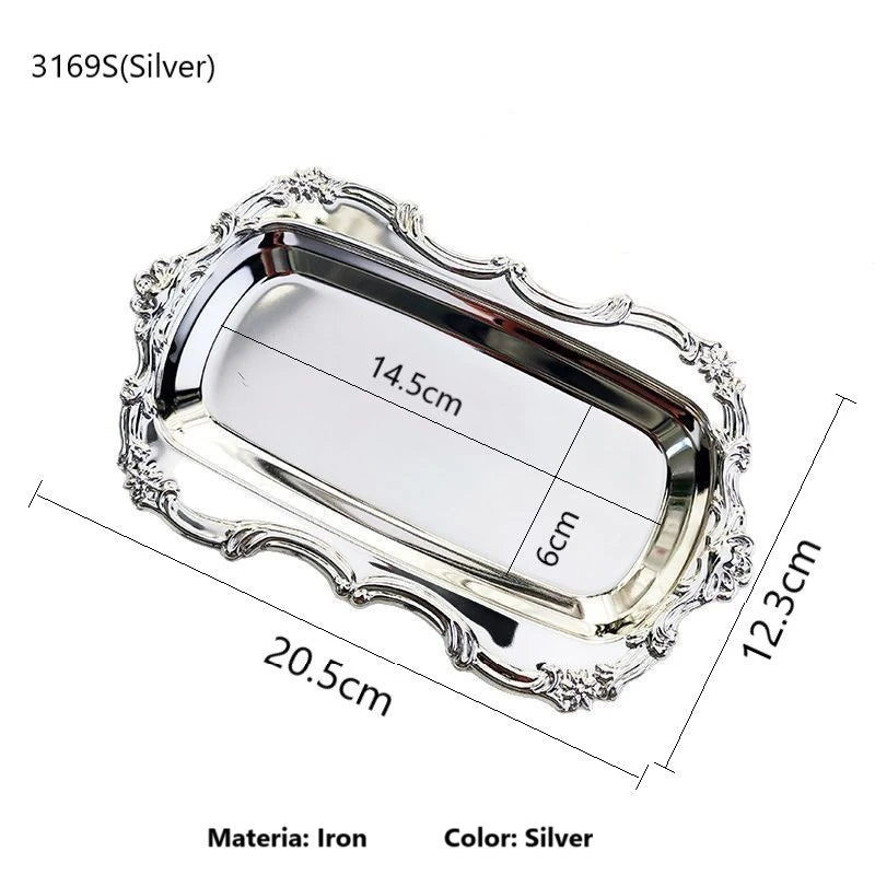 Vintage Embossed Metal Iron Tray Serving Platter Dessert Plate Jewelry Storage Organizer Snack Tray for Dining Table Decor