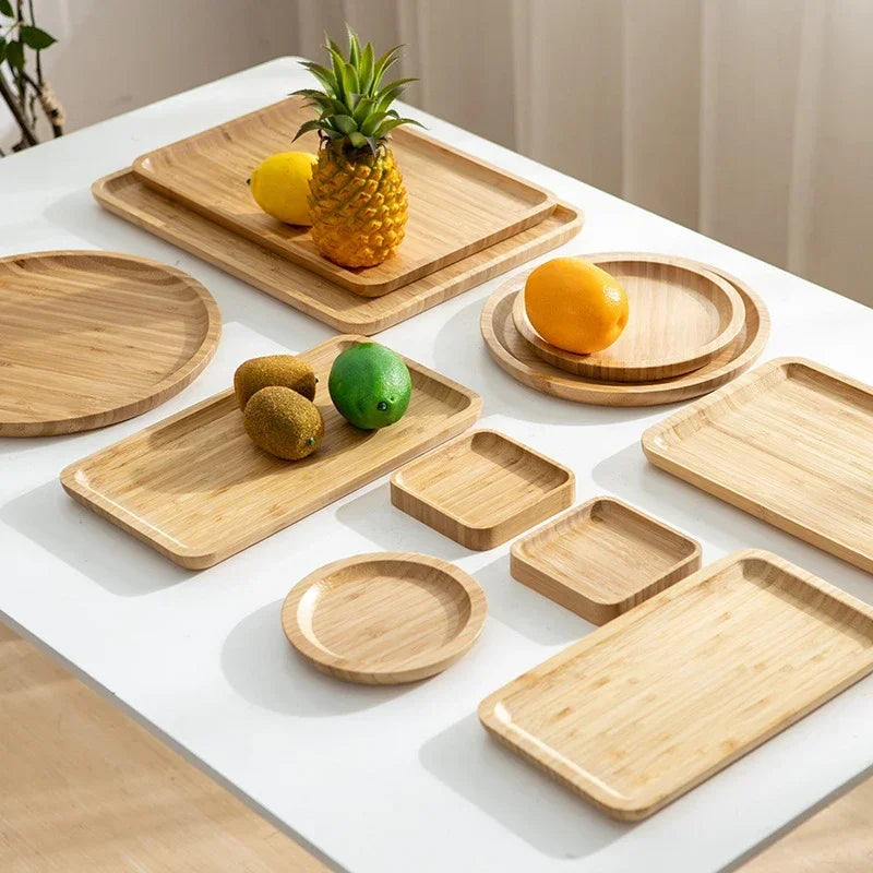Square and Round Bamboo Storage Tray for Home Use, Tea Coffee Cup Tray Breakfast Dinner Plate Bread Fruit Cake Food Serving Tray