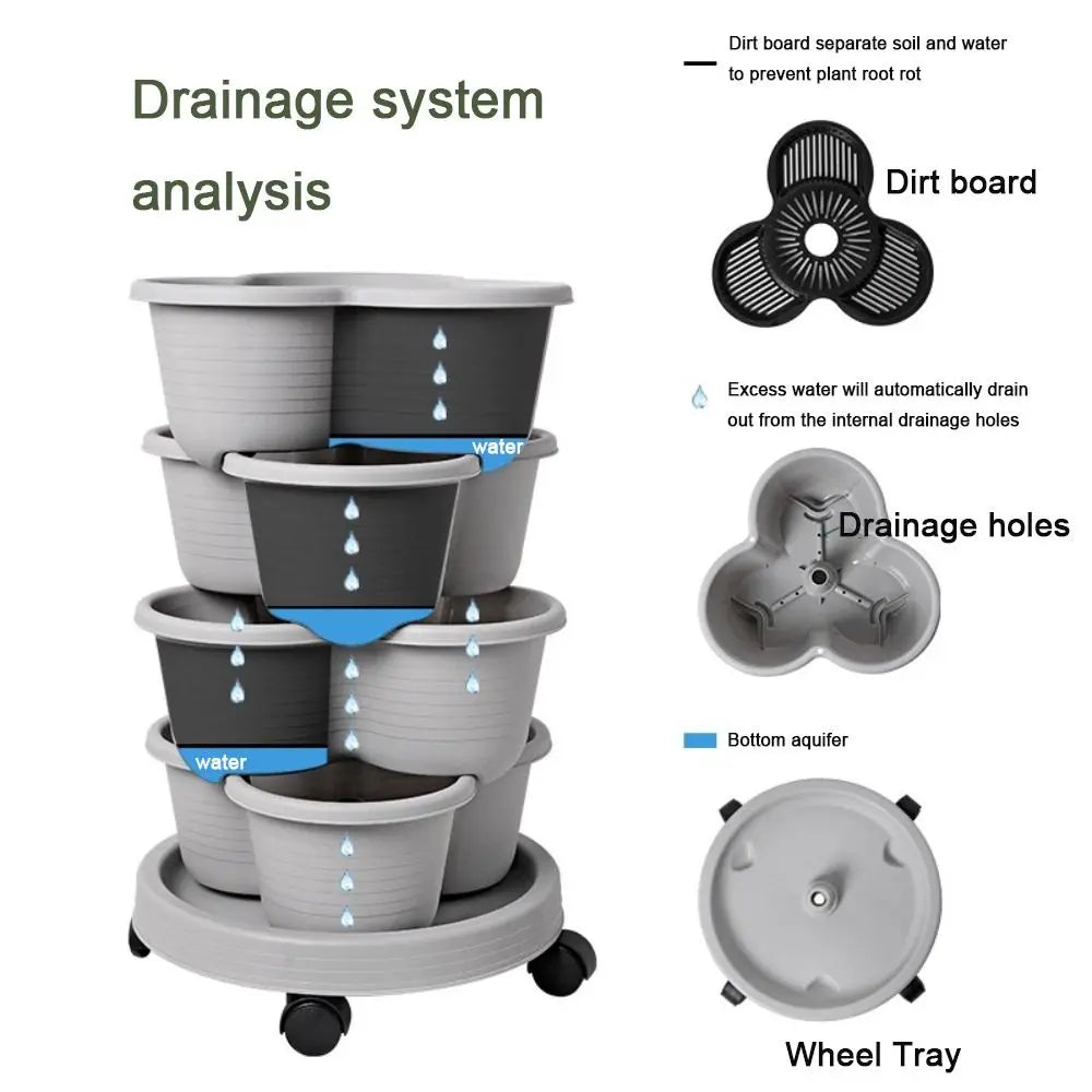 New Vertical Tower Stackable FlowerPot Plastic with Movable Casters Flower Pot Multi-layer Strawberry Planter Tower Home Garden