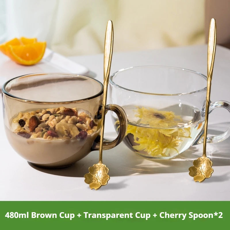 480ml Transparent Creative Glass Coffee Tea Mug Drinks Dessert Breakfast Milk Cup Glass Mugs Handle Drinkware With Cup Lid Spoon