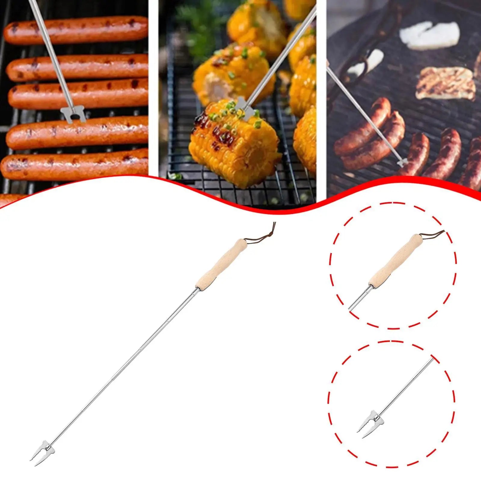 Hot Dog Roasting Fork BBQ Fork Extendable for Campfire for Fire Stainless Steel Wooden Handle 32 inch Skewer