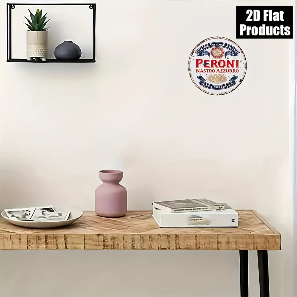 2D Flat, 8x8-Inch Round Aluminum Metal Wall Plaque, Framed - Modern Rustic Style "From Italy to the World" Beer Legend Retro Des