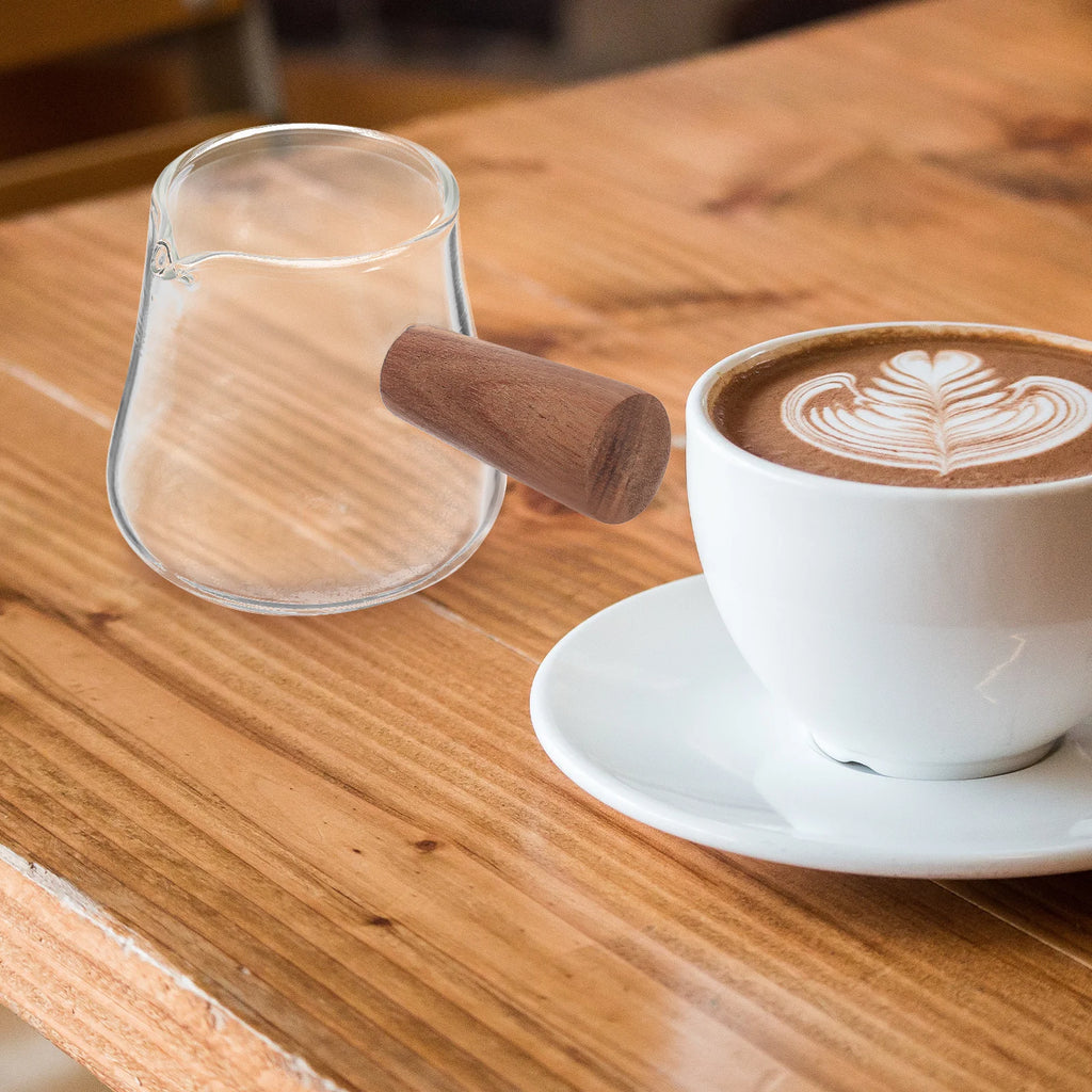 Glass Milk Creamer Pitcher Wood Handle Elegant Design No Drip Mouth Suitable for Coffee Dairy and Tableware Milk Pitcher Cup