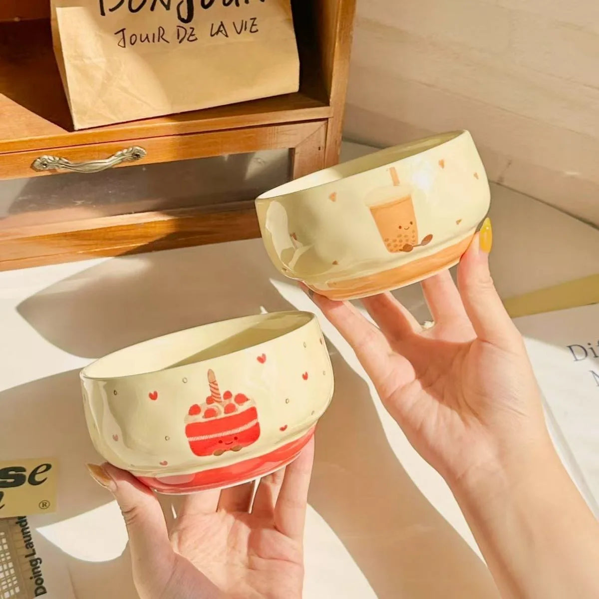 Cute Ceramic Bowl Household 4.5 Inch Cartoon Cake Pattern Instant Noodles Bowls Aesthetic Underglazed Colour Dinner Tableware
