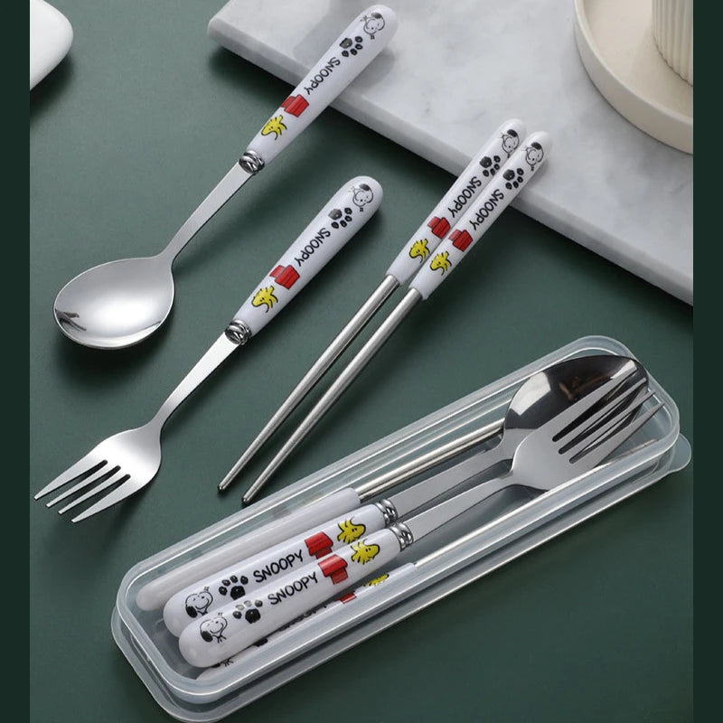 4Pcs/Set Snoopy Tableware Set Stainless Steel Fork Spoon Chopsticks Outdoor Portable Travel Camping Cutlery with Storage Box